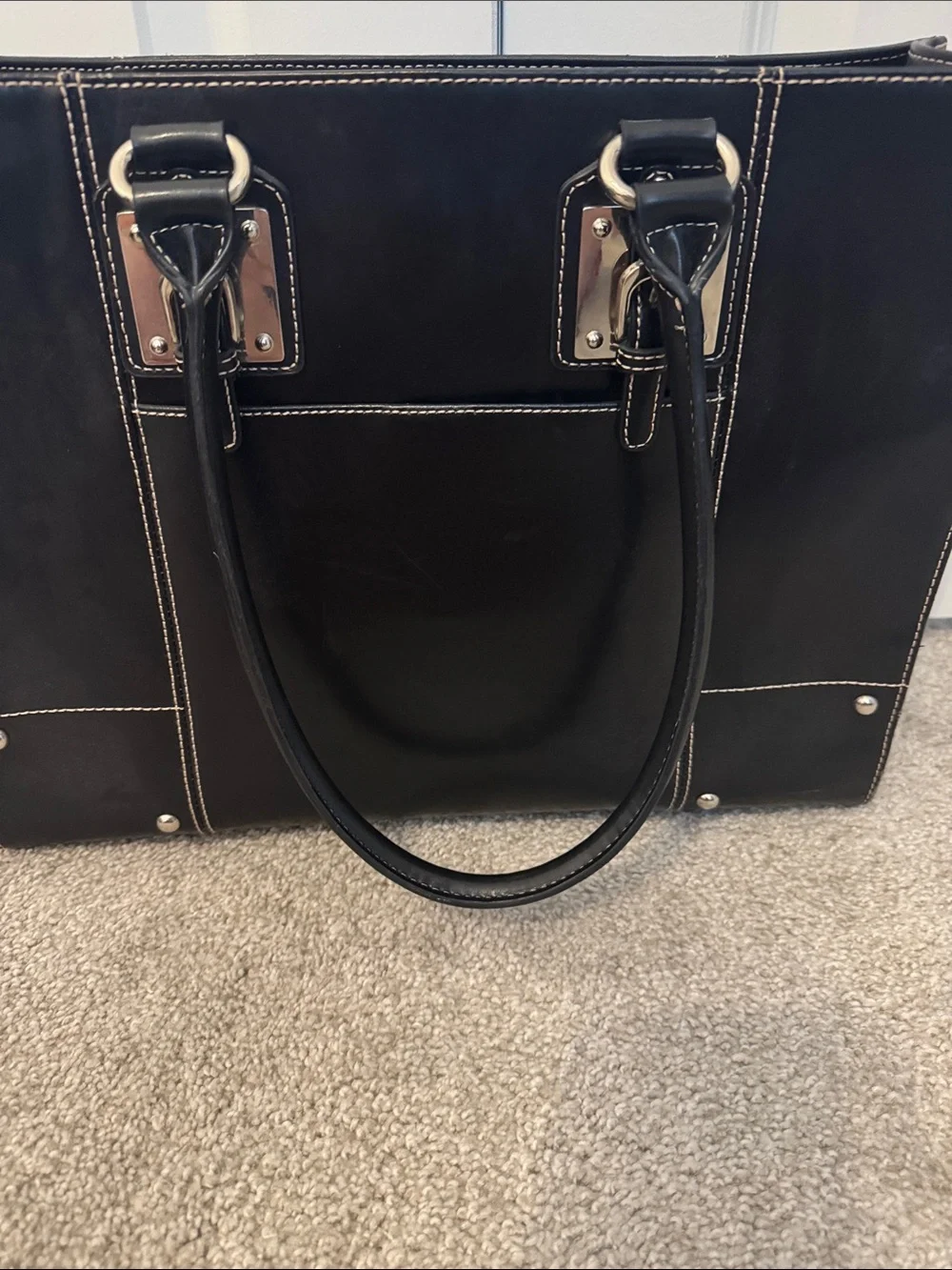 Wilsons Black Leather Tote with Snake-Print Interior